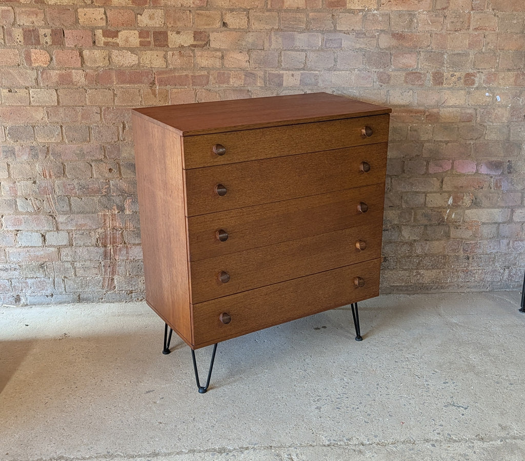 Mid Century Avalon Teak Chest Of Drawers On Hair Pin Legs - Vintage 1960s