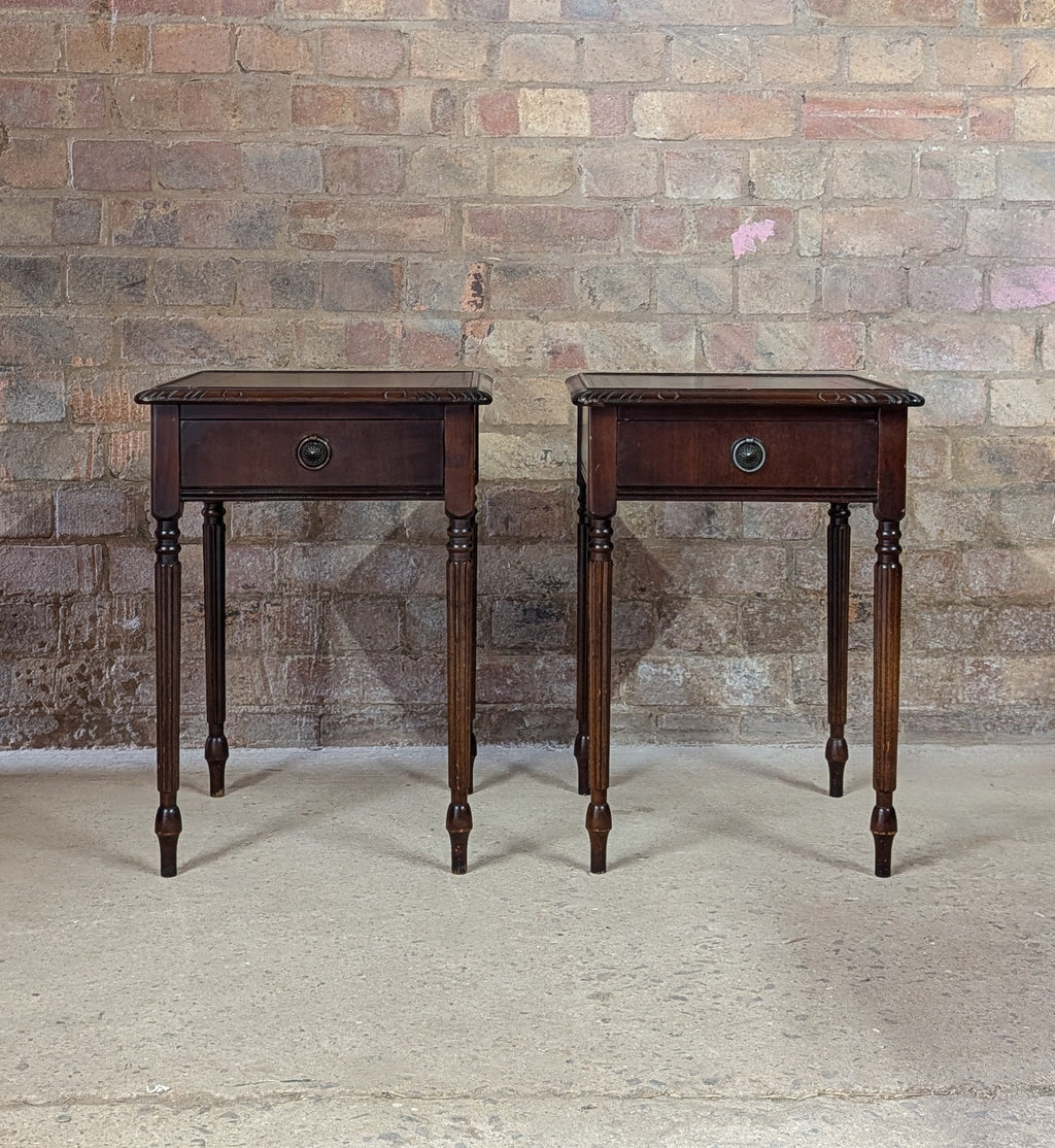 Pair Of Vintage Mahogany Regency Style Leather Top Bedside Tables