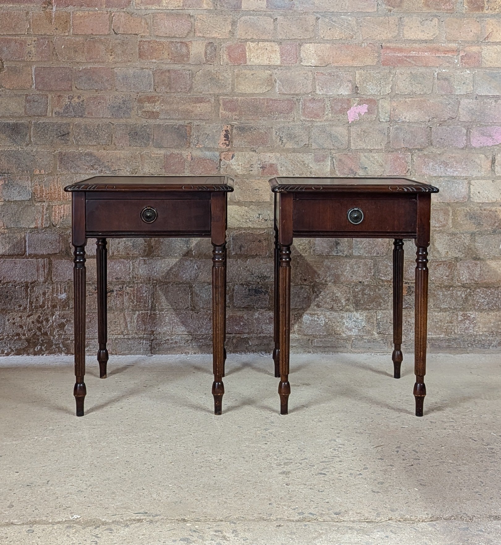 Pair Of Vintage Mahogany Regency Style Leather Top Bedside Tables