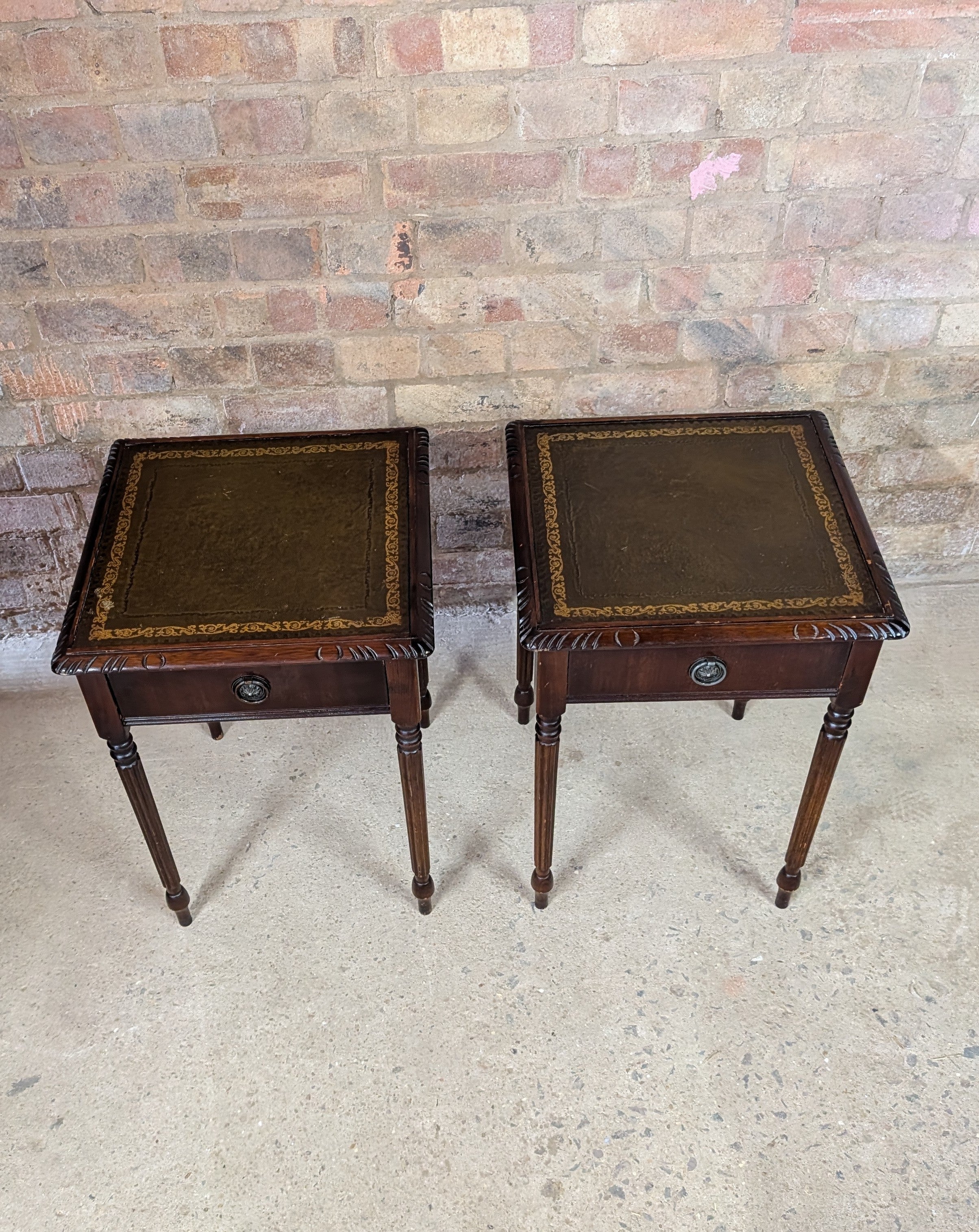 Pair Of Vintage Mahogany Regency Style Leather Top Bedside Tables