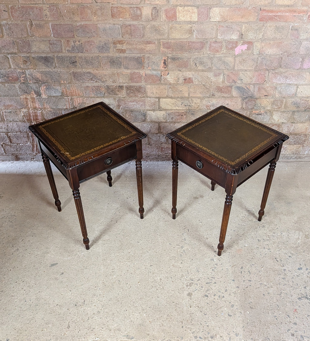 Pair Of Vintage Mahogany Regency Style Leather Top Bedside Tables
