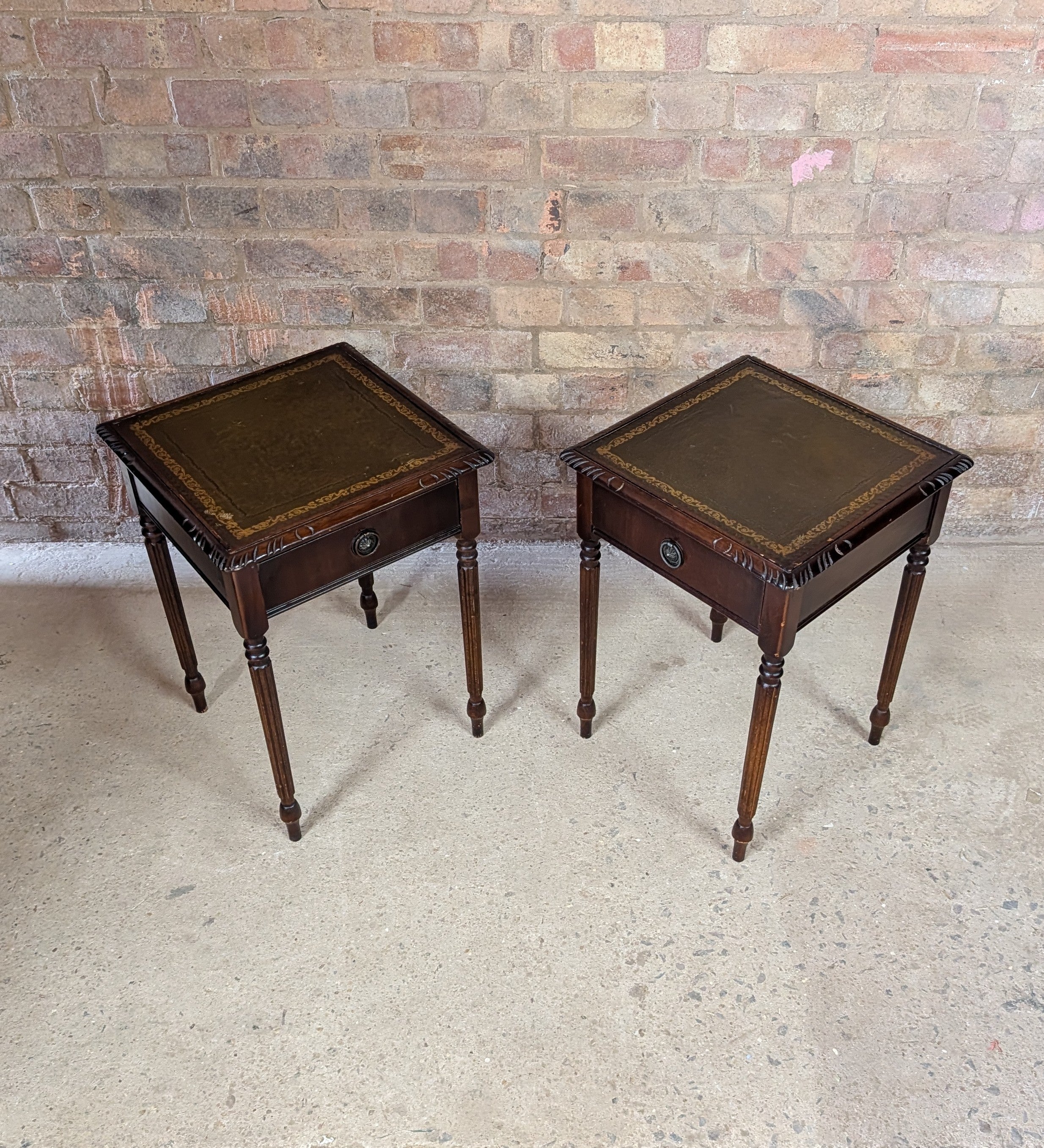Pair Of Vintage Mahogany Regency Style Leather Top Bedside Tables