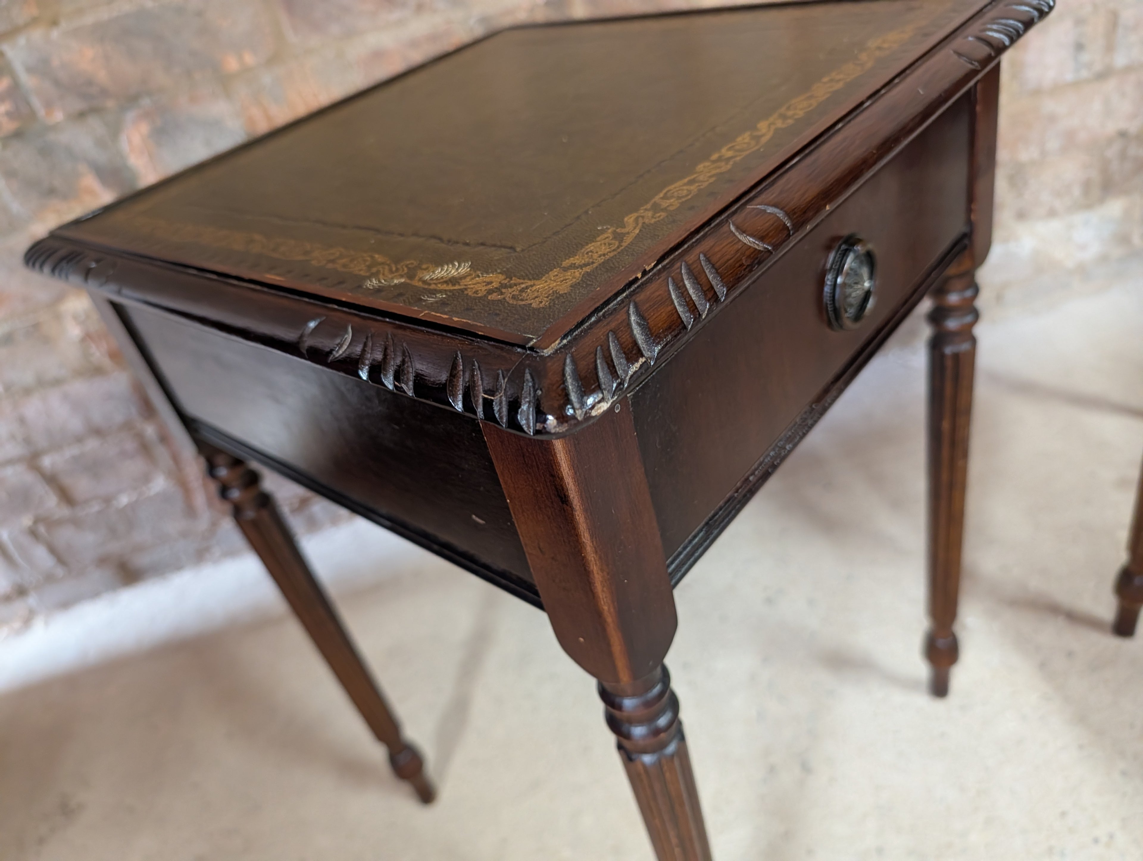 Pair Of Vintage Mahogany Regency Style Leather Top Bedside Tables