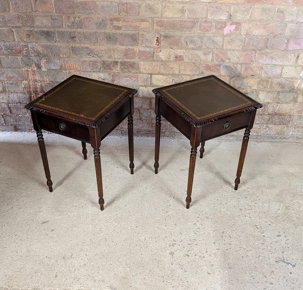 Pair Of Vintage Mahogany Regency Style Leather Top Bedside Tables