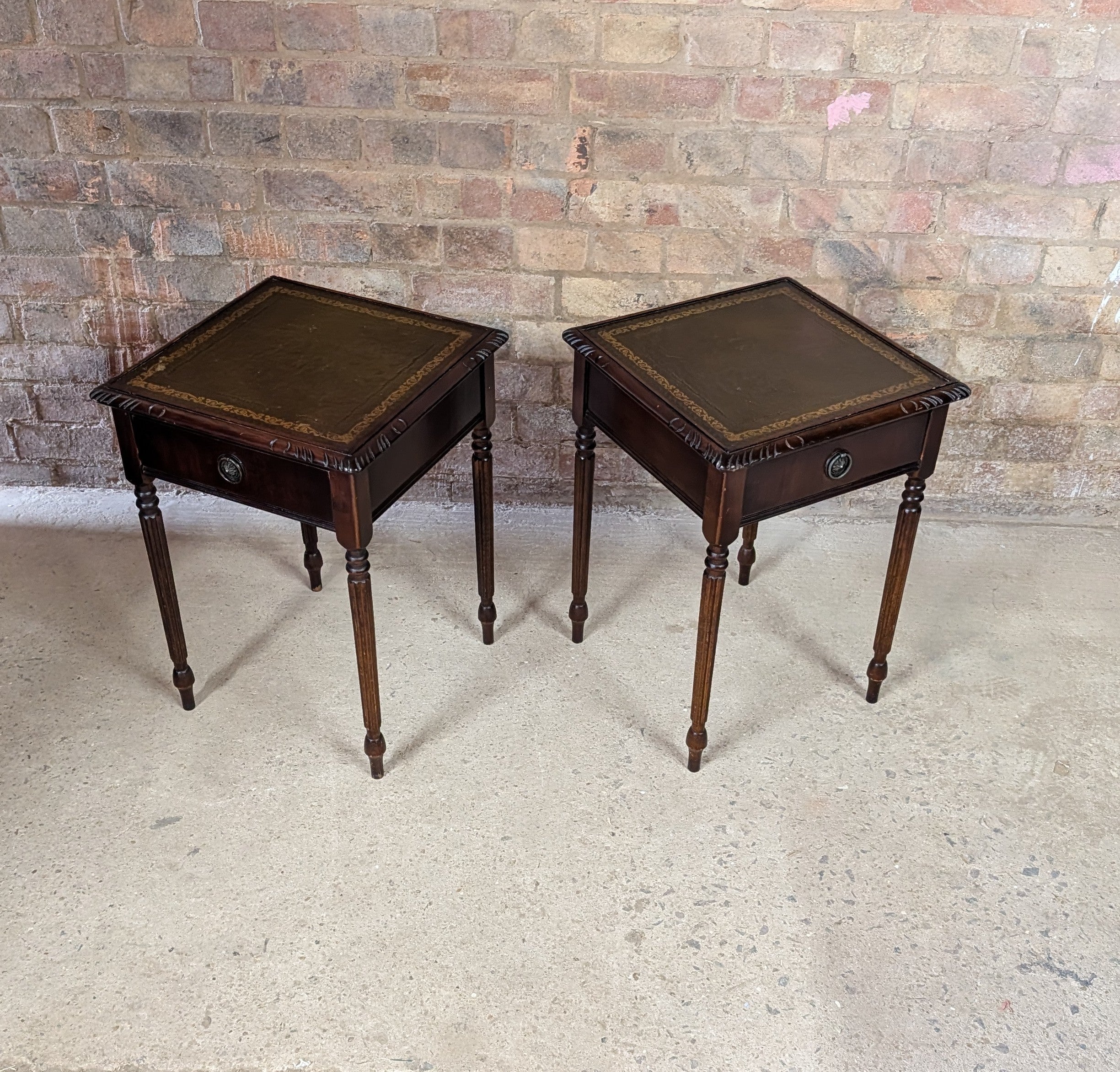 Pair Of Vintage Mahogany Regency Style Leather Top Bedside Tables