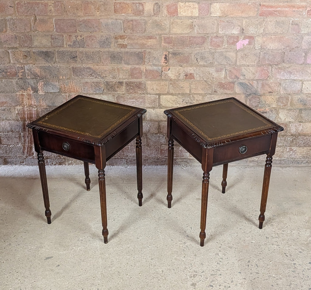 Pair Of Vintage Mahogany Regency Style Leather Top Bedside Tables