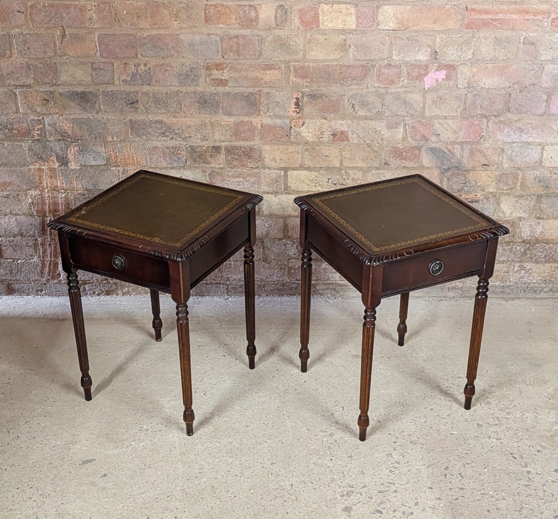 Pair Of Vintage Mahogany Regency Style Leather Top Bedside Tables