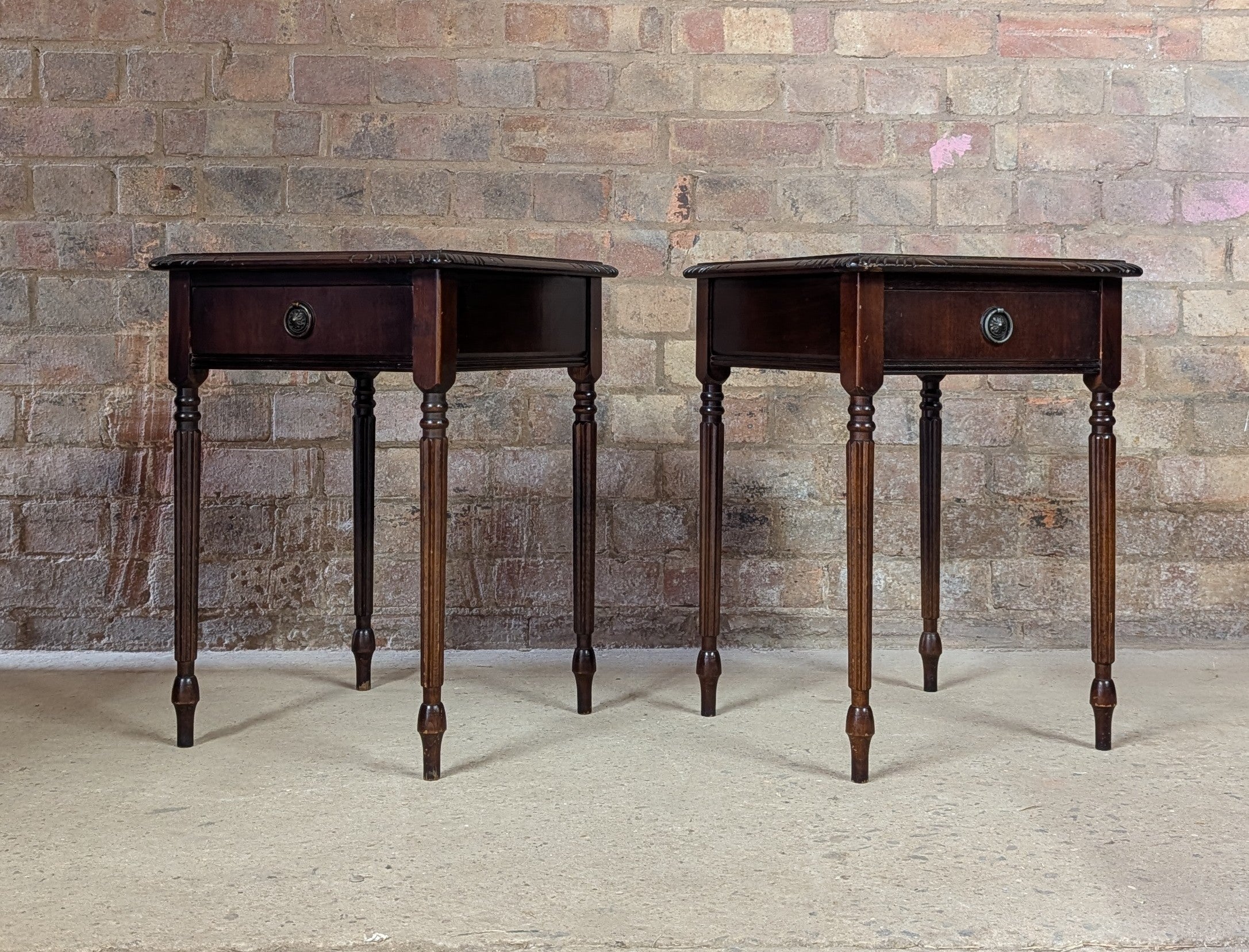 Pair Of Vintage Mahogany Regency Style Leather Top Bedside Tables