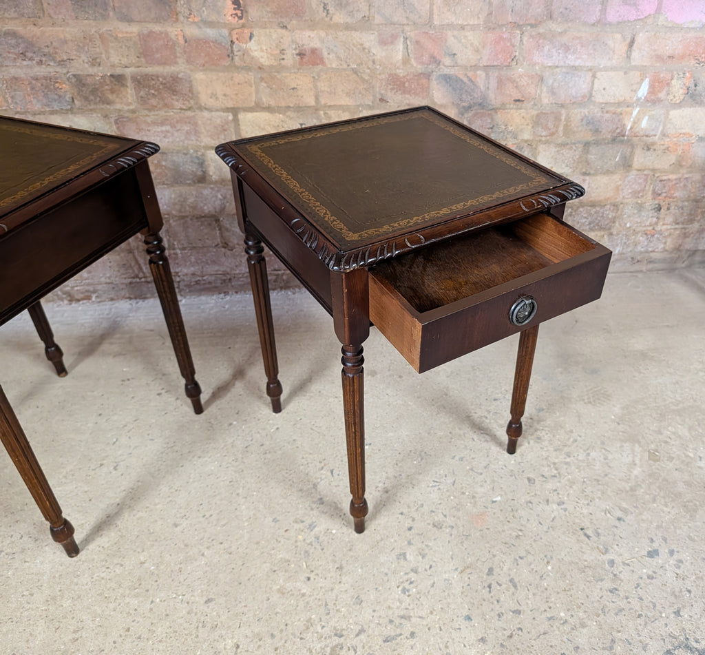Pair Of Vintage Mahogany Regency Style Leather Top Bedside Tables