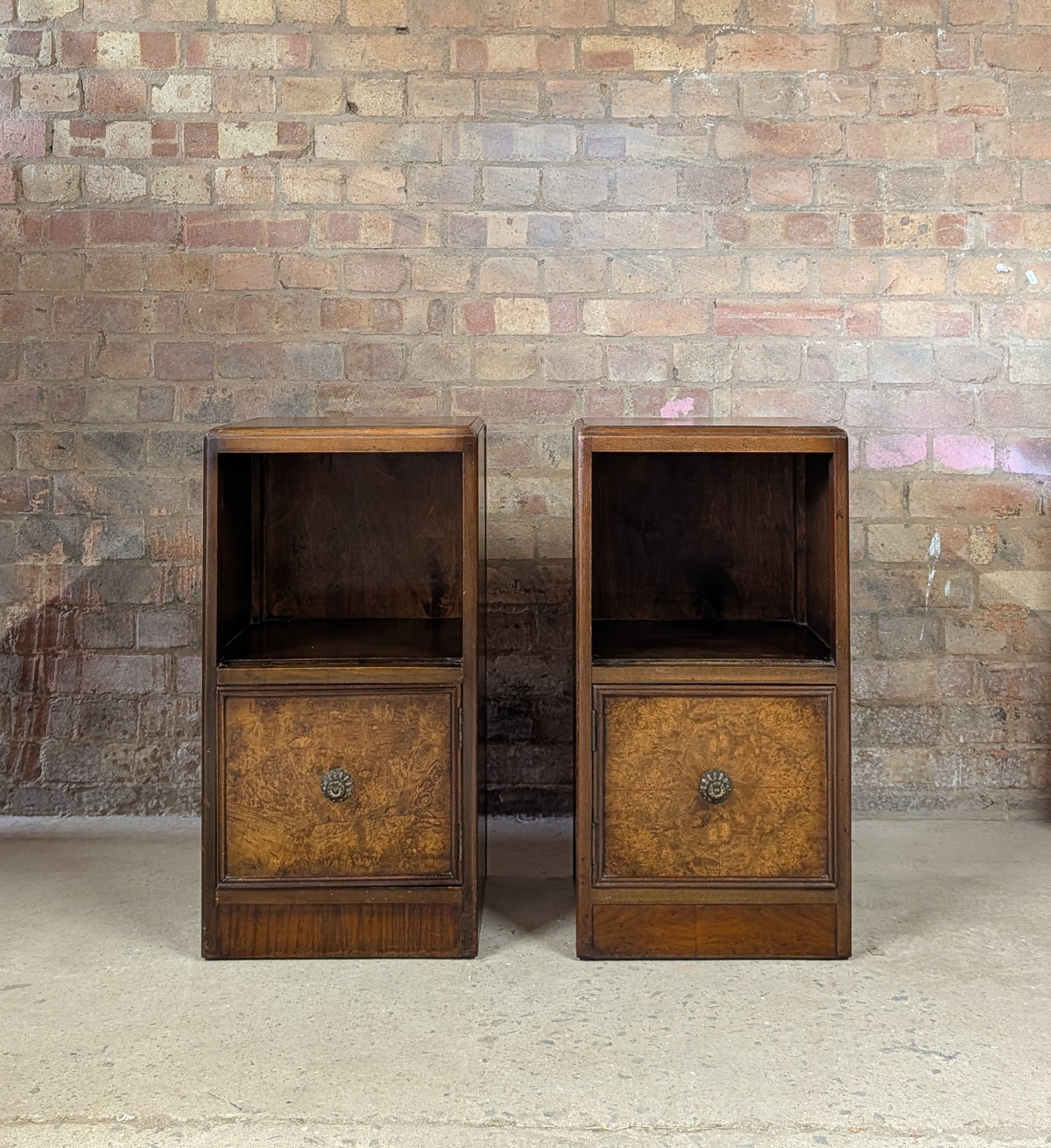 Pair Of Vintage Burr Walnut Queen Anne Style / Art Deco Bedside Cabinets 1930s