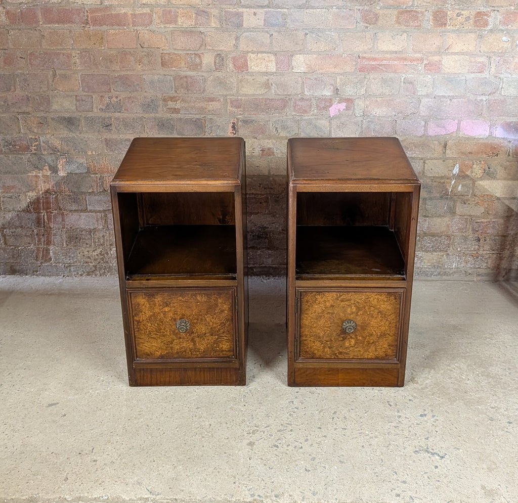 Pair Of Vintage Burr Walnut Queen Anne Style / Art Deco Bedside Cabinets 1930s
