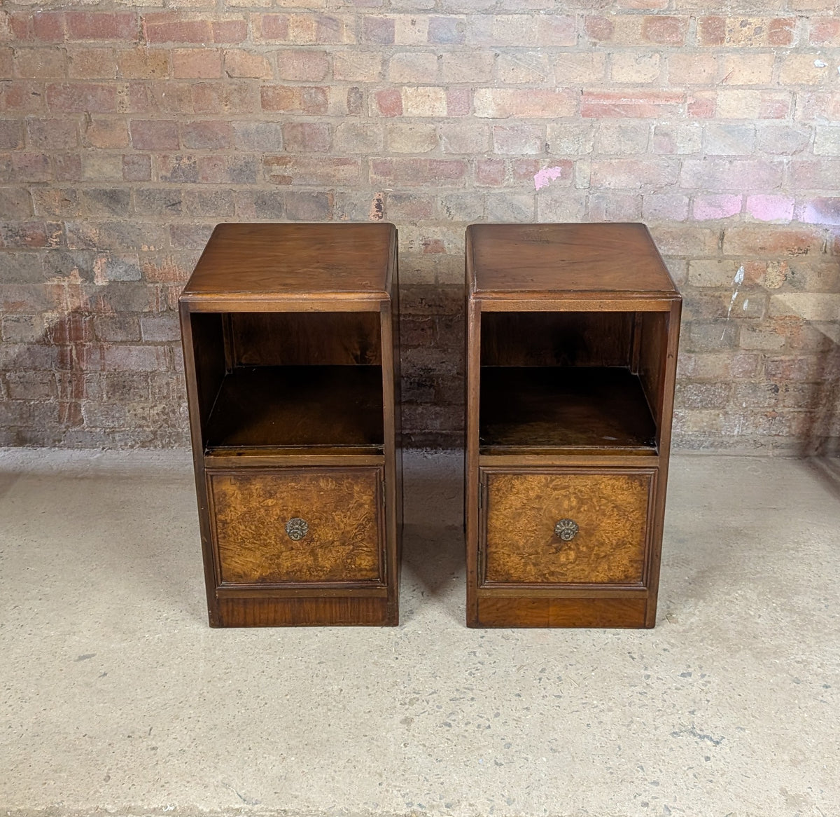 Pair Of Vintage Burr Walnut Queen Anne Style / Art Deco Bedside Cabinets 1930s