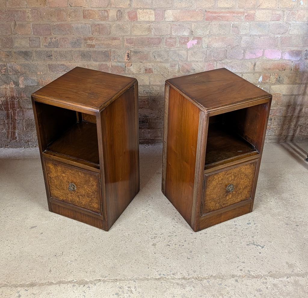 Pair Of Vintage Burr Walnut Queen Anne Style / Art Deco Bedside Cabinets 1930s