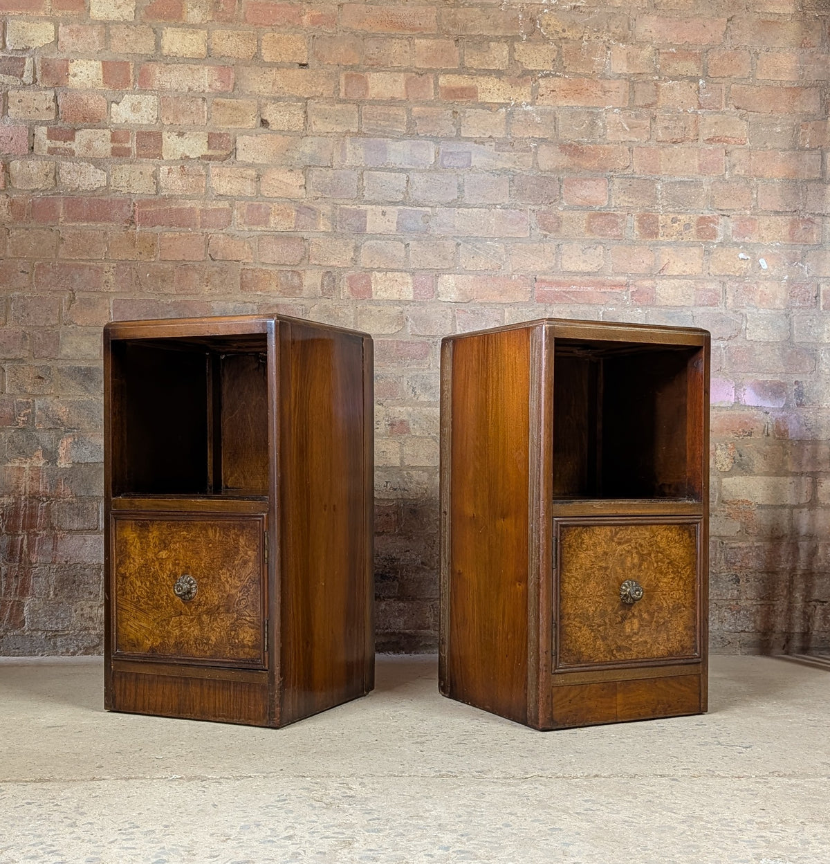 Pair Of Vintage Burr Walnut Queen Anne Style / Art Deco Bedside Cabinets 1930s