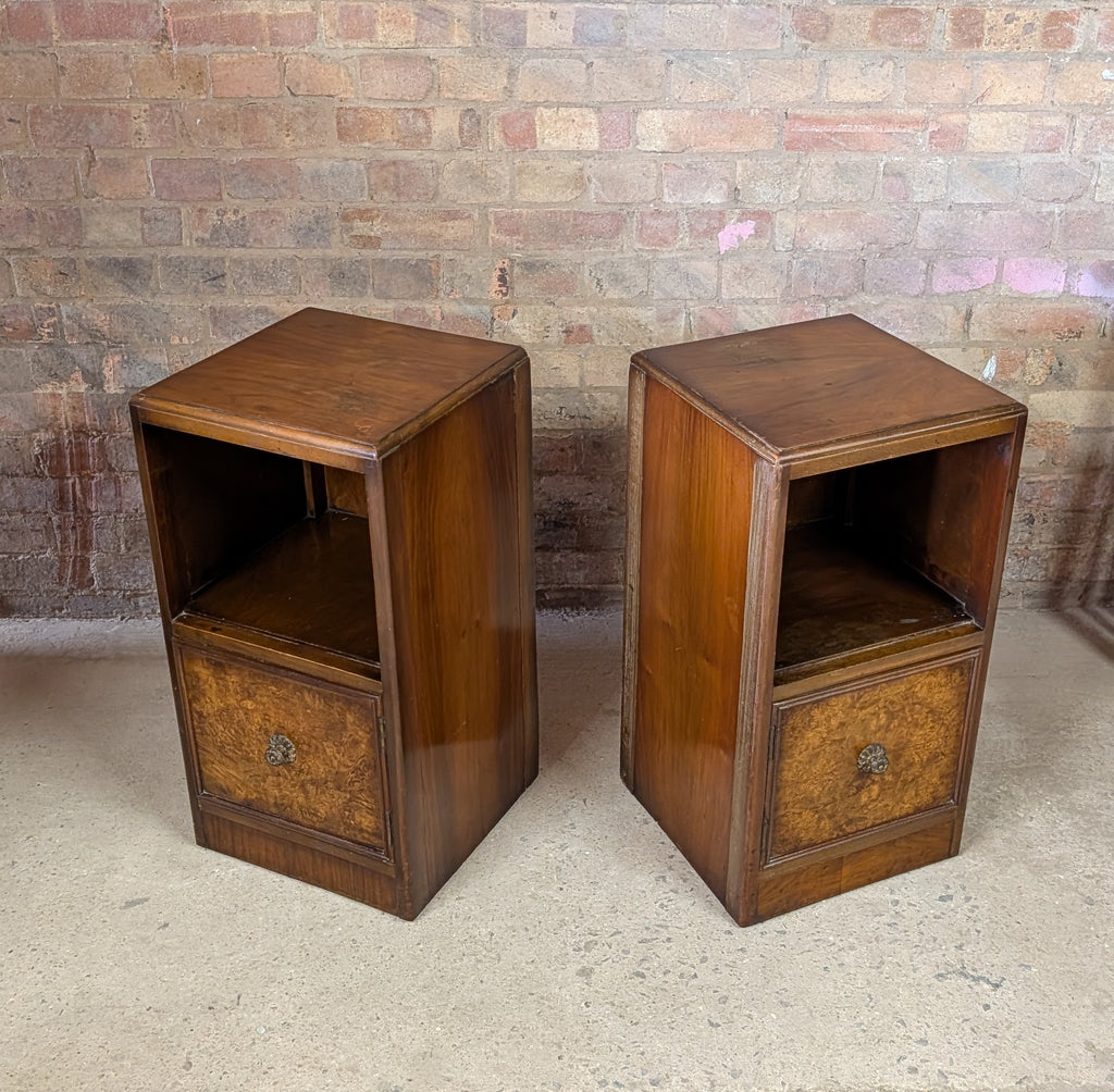 Pair Of Vintage Burr Walnut Queen Anne Style / Art Deco Bedside Cabinets 1930s