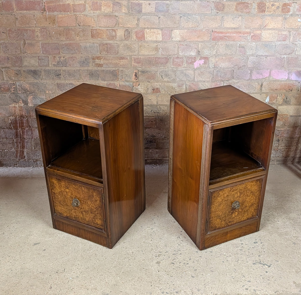 Pair Of Vintage Burr Walnut Queen Anne Style / Art Deco Bedside Cabinets 1930s