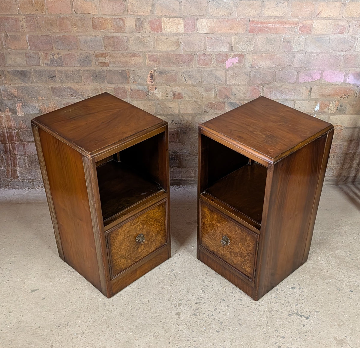 Pair Of Vintage Burr Walnut Queen Anne Style / Art Deco Bedside Cabinets 1930s