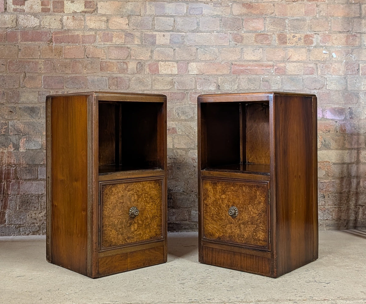Pair Of Vintage Burr Walnut Queen Anne Style / Art Deco Bedside Cabinets 1930s