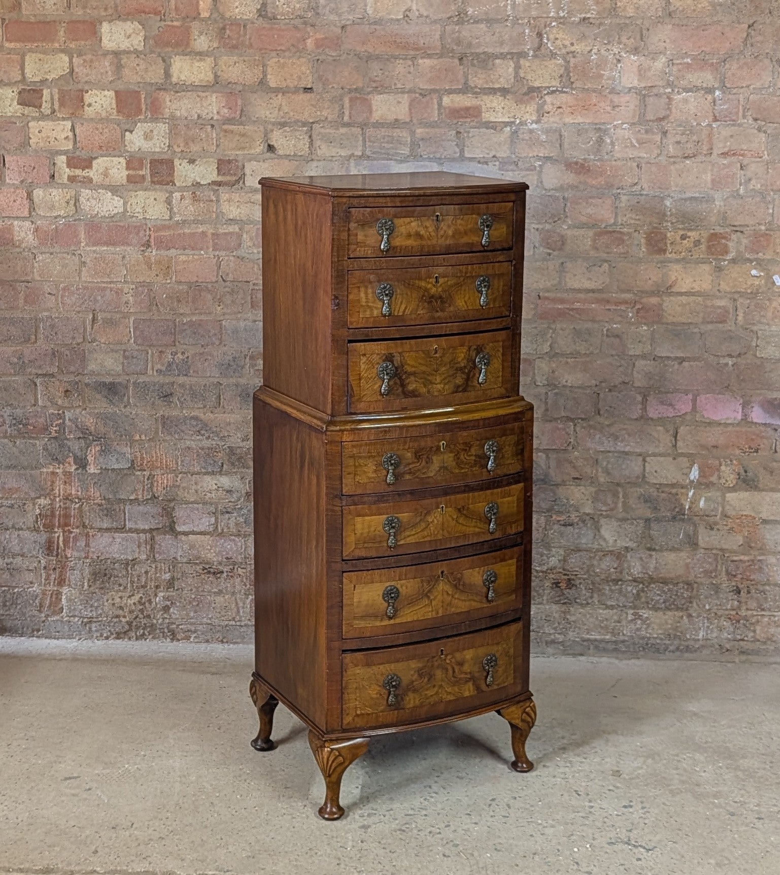 Vintage Queen Anne Style Burr Walnut Chest On Chest Tallboy Chest Of Drawers
