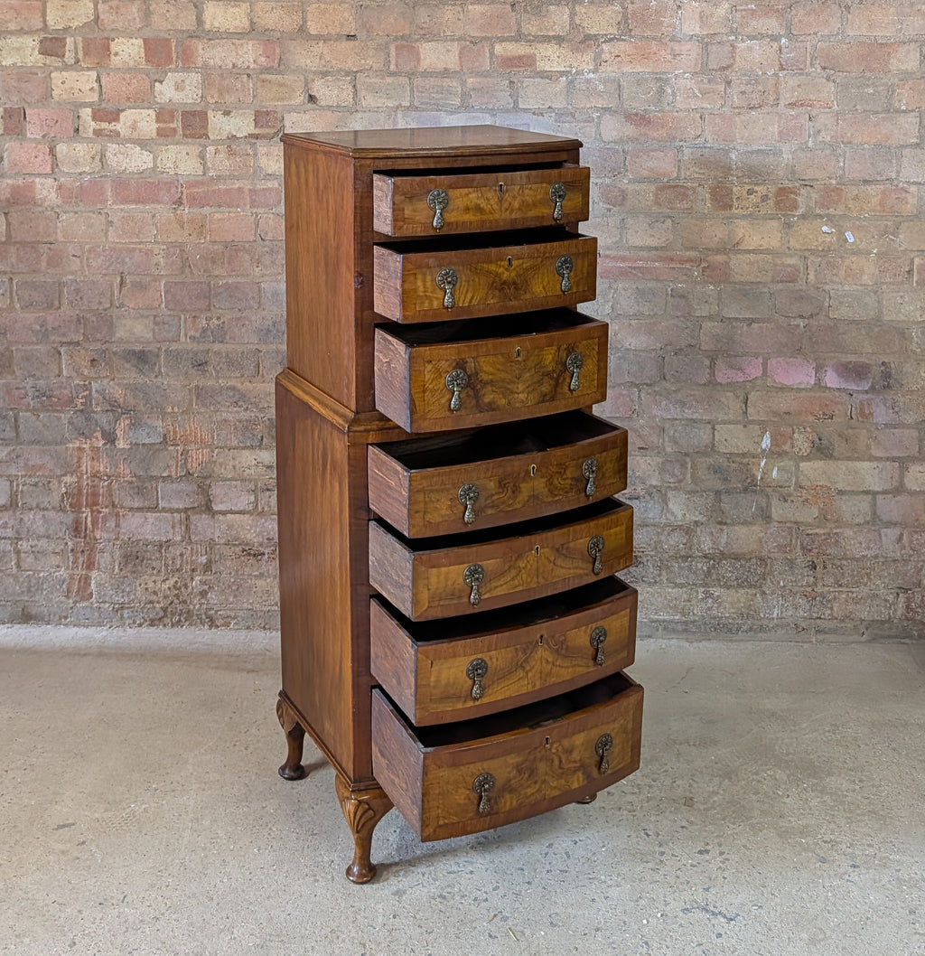 Vintage Queen Anne Style Burr Walnut Chest On Chest Tallboy Chest Of Drawers