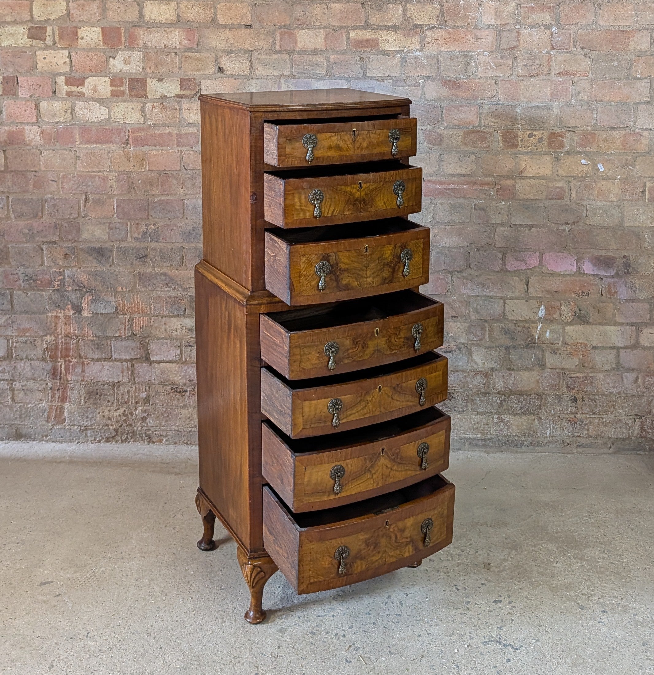 Vintage Queen Anne Style Burr Walnut Chest On Chest Tallboy Chest Of Drawers