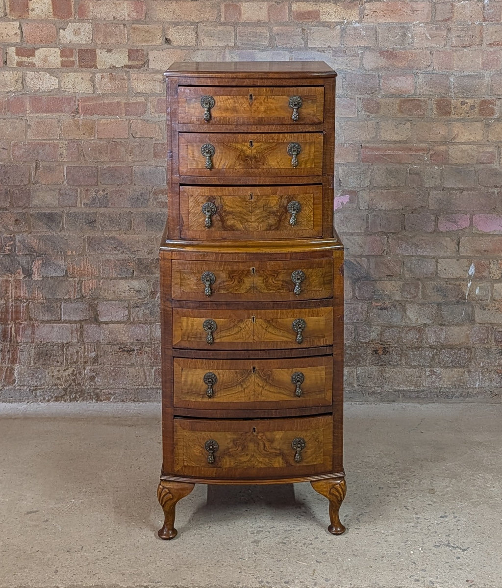 Vintage Queen Anne Style Burr Walnut Chest On Chest Tallboy Chest Of Drawers