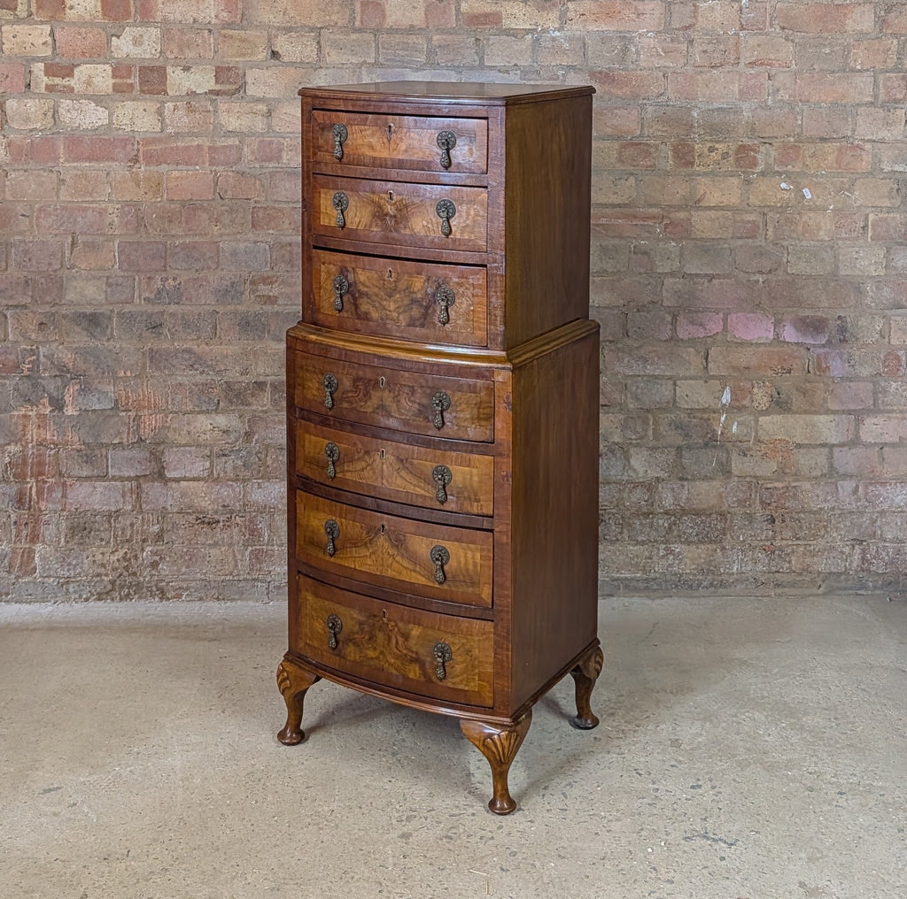 Vintage Queen Anne Style Burr Walnut Chest On Chest Tallboy Chest Of Drawers