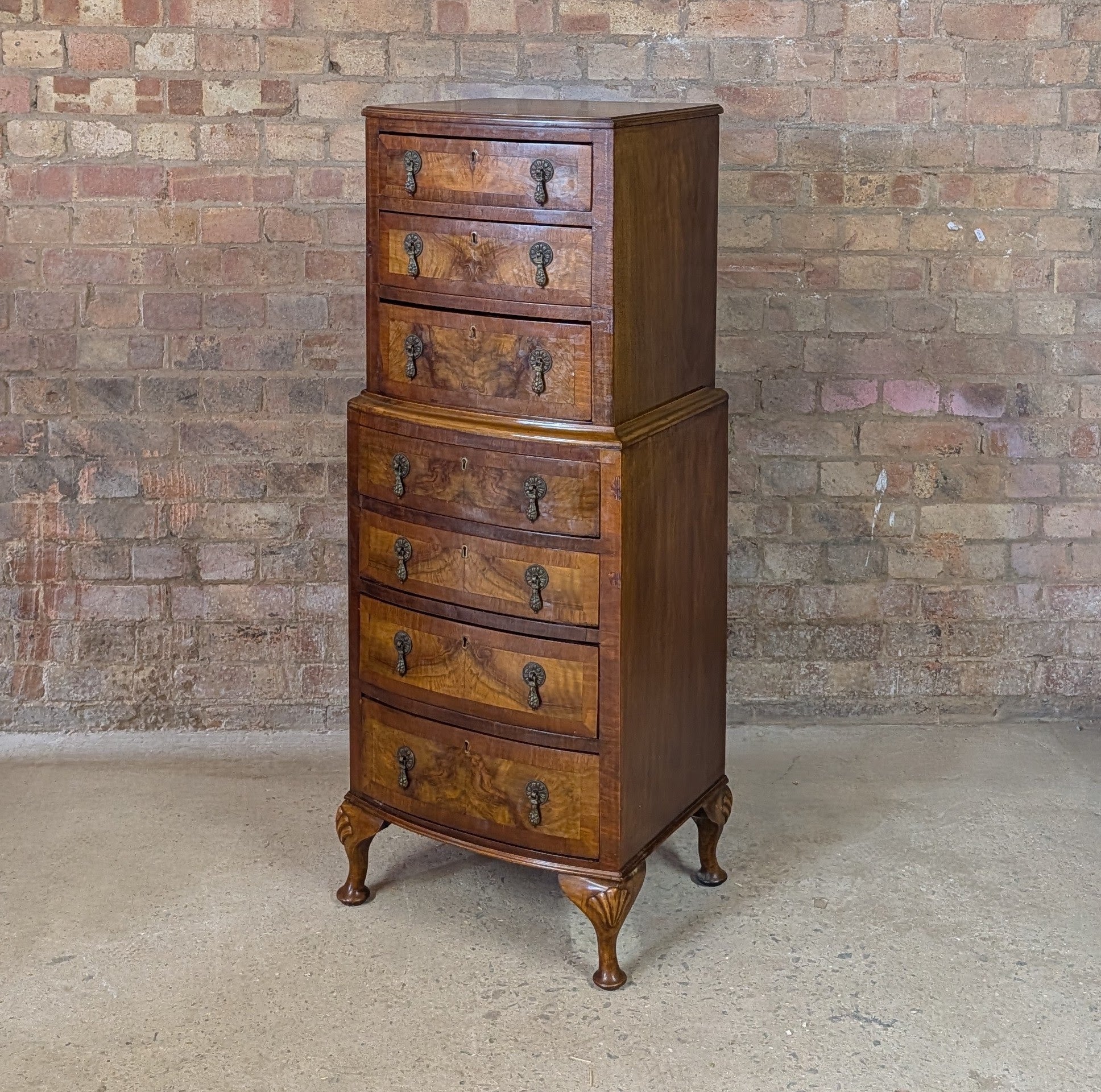 Vintage Queen Anne Style Burr Walnut Chest On Chest Tallboy Chest Of Drawers