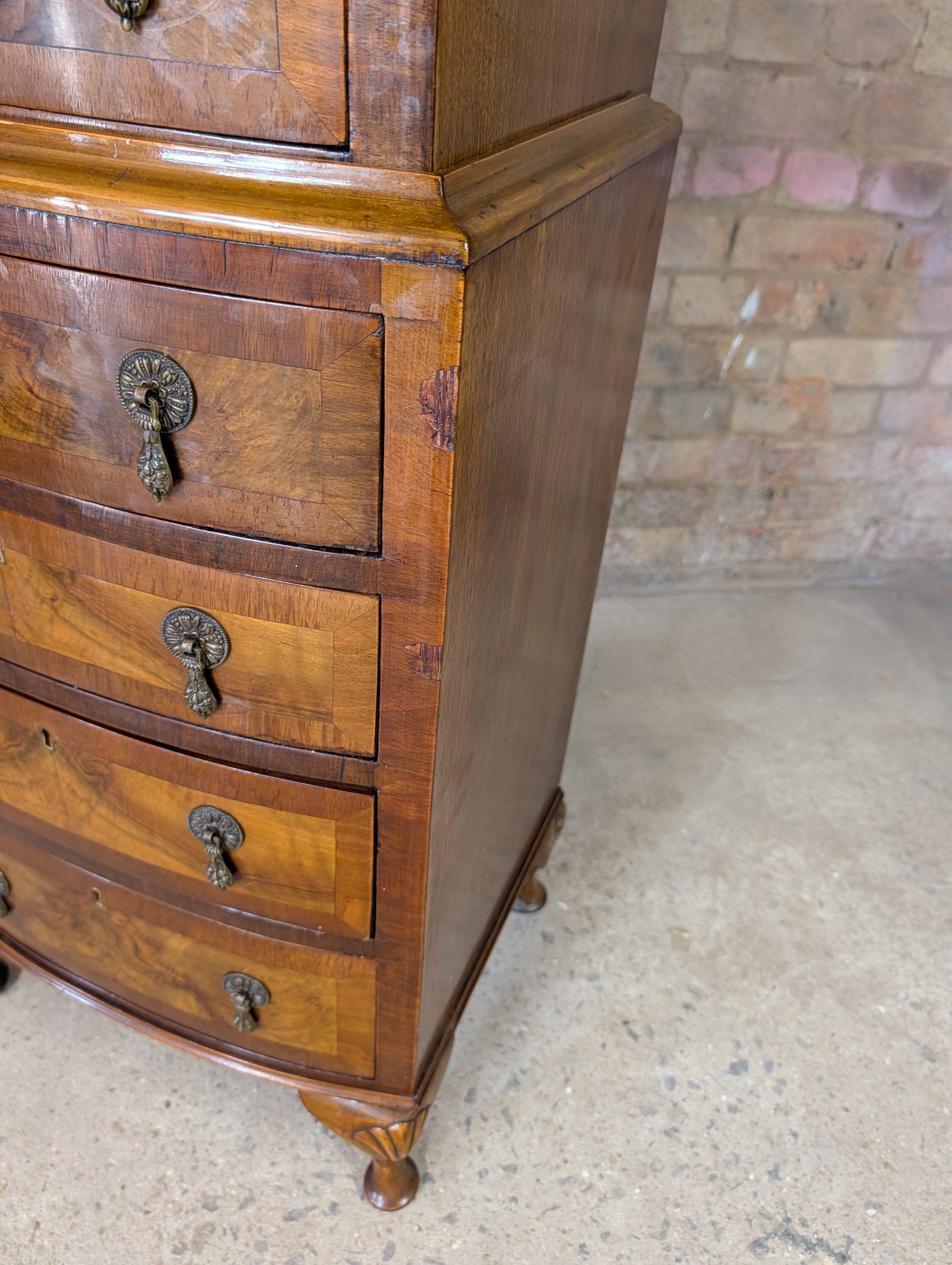 Vintage Queen Anne Style Burr Walnut Chest On Chest Tallboy Chest Of Drawers