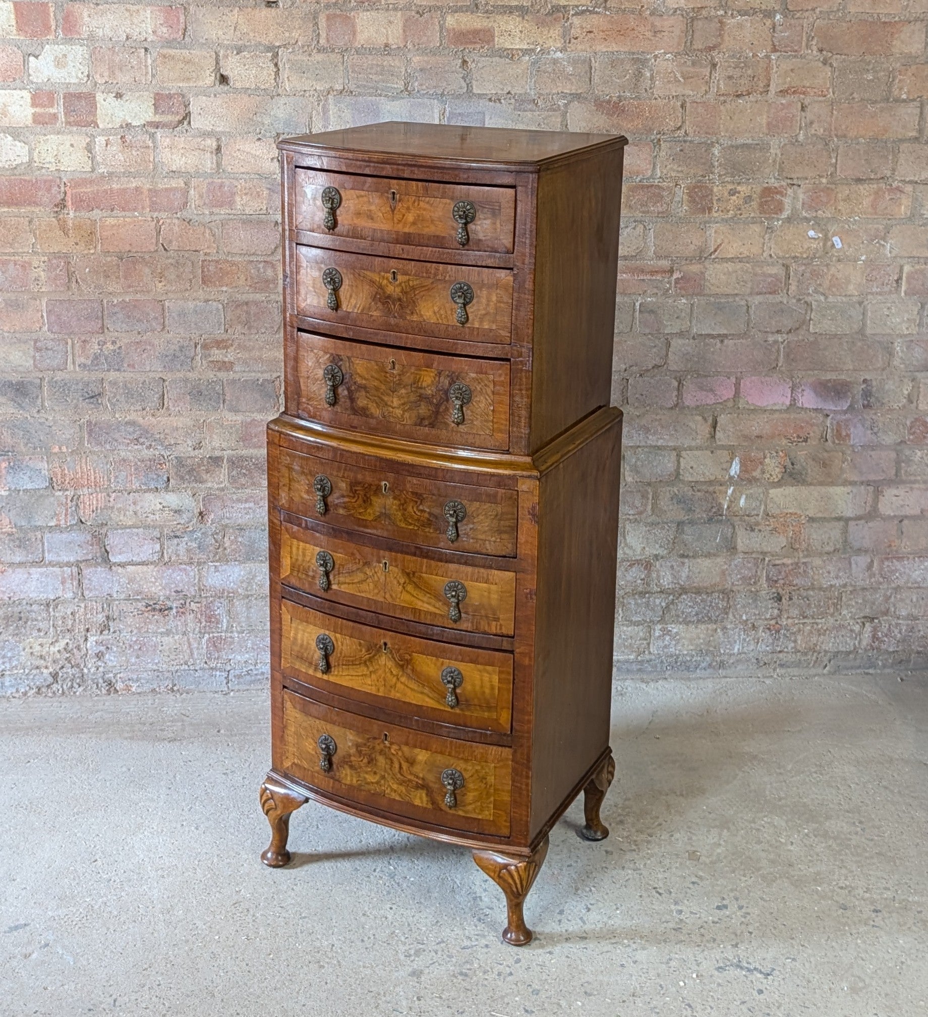 Vintage Queen Anne Style Burr Walnut Chest On Chest Tallboy Chest Of Drawers