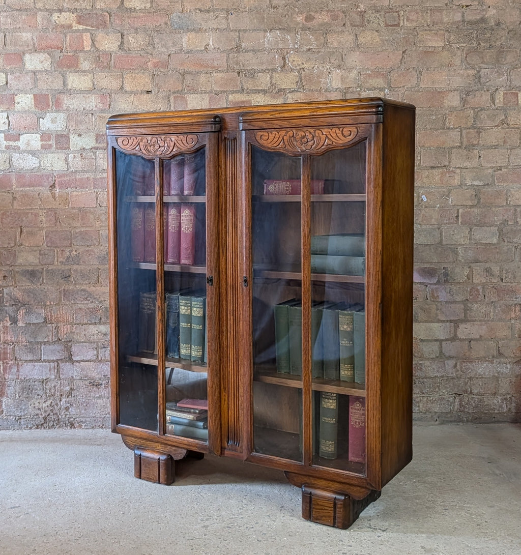 Vintage Oak Art Deco Glazed Bookcase 1930s