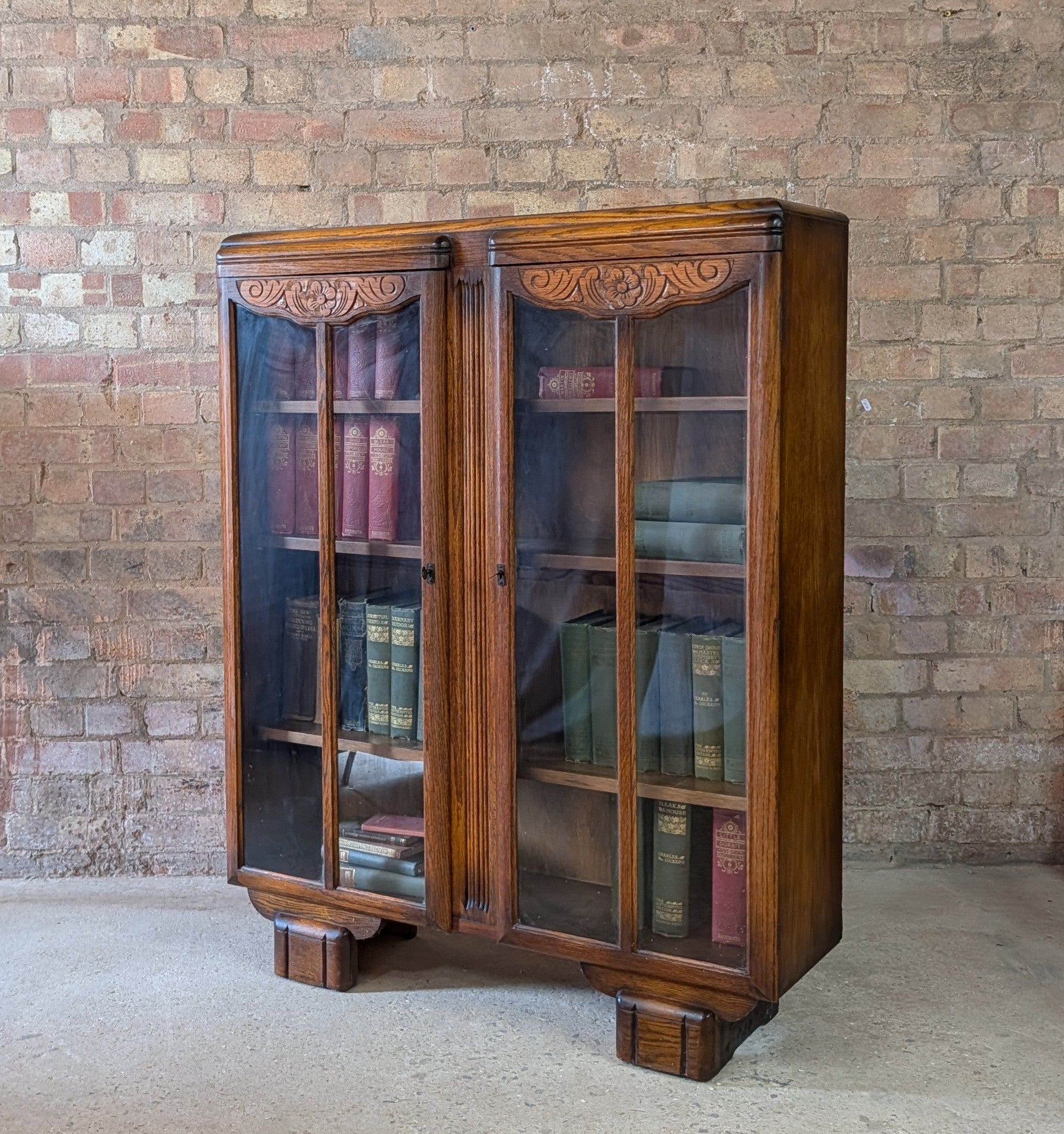 Vintage Oak Art Deco Glazed Bookcase 1930s