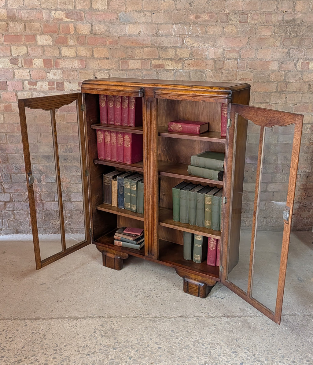 Vintage Oak Art Deco Glazed Bookcase 1930s