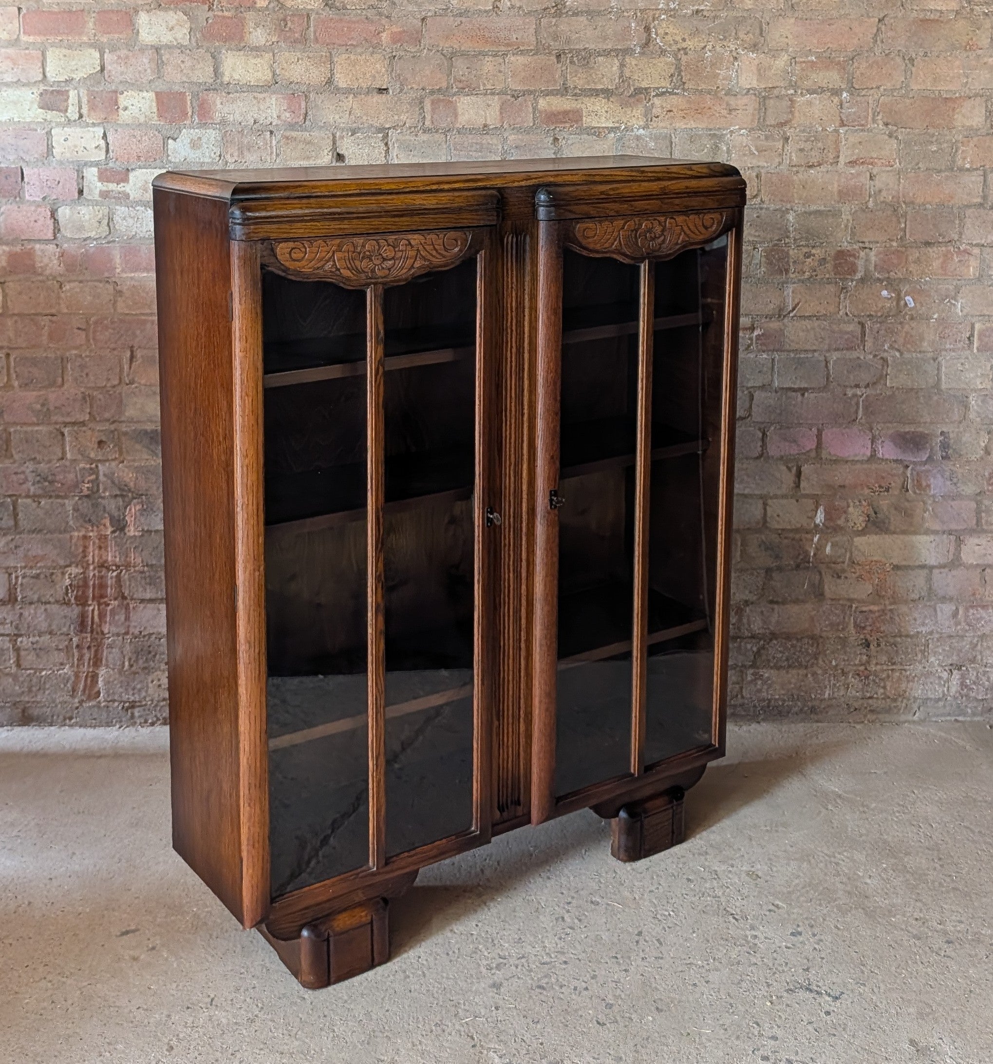 Vintage Oak Art Deco Glazed Bookcase 1930s