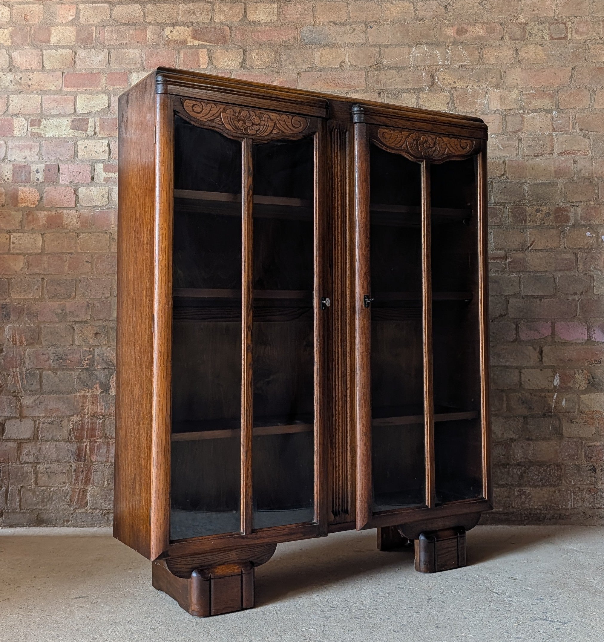 Vintage Oak Art Deco Glazed Bookcase 1930s