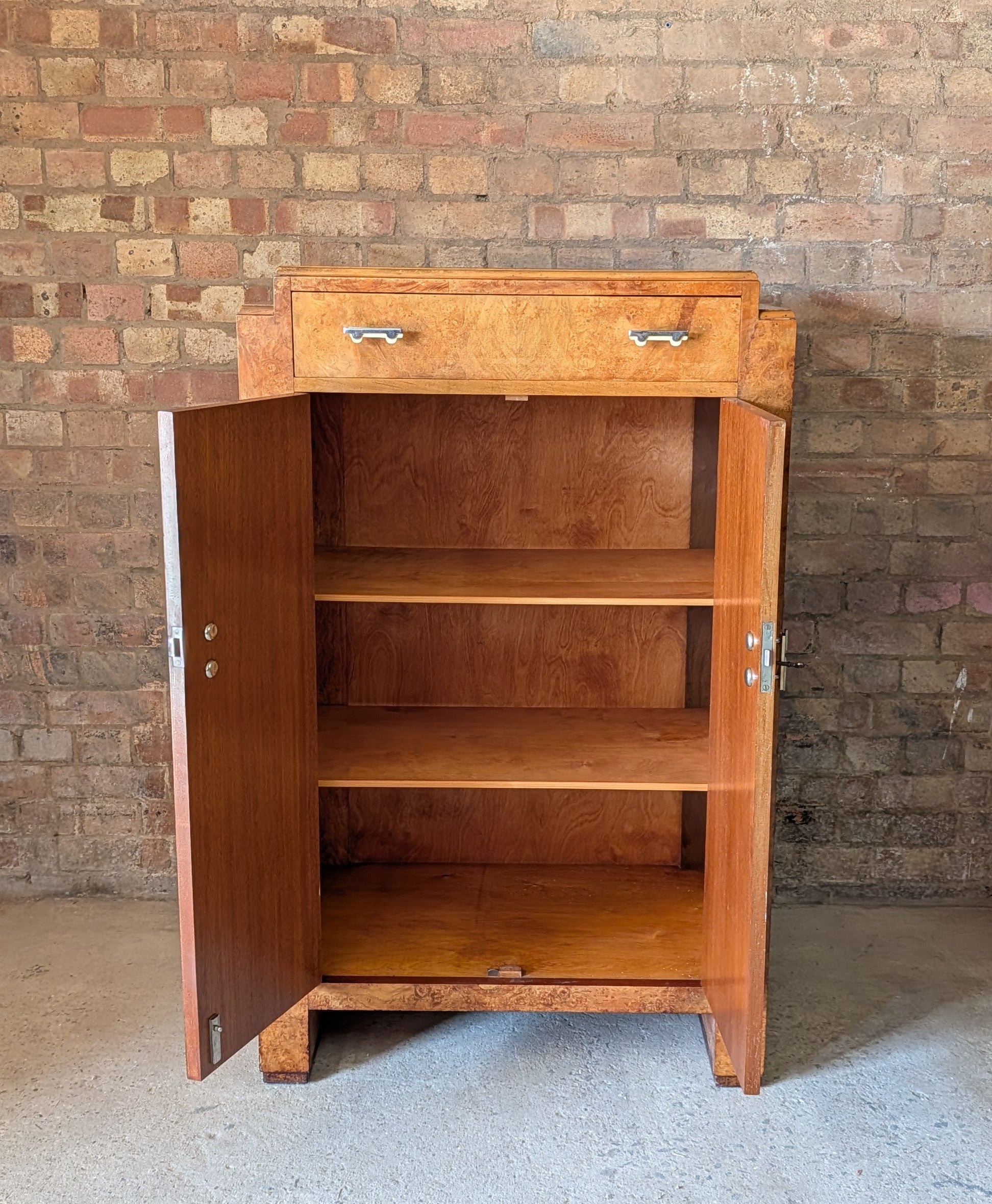 Vintage Art Deco Style Burr Maple Compactum Tallboy Linen Cabinet / Cupboard