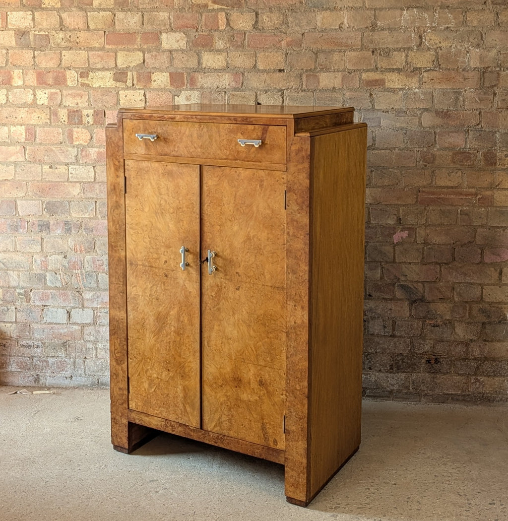 Vintage Art Deco Style Burr Maple Compactum Tallboy Linen Cabinet / Cupboard