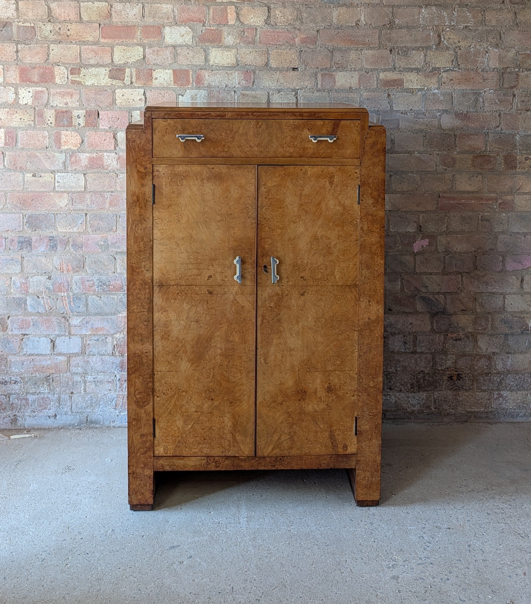 Vintage Art Deco Style Burr Maple Compactum Tallboy Linen Cabinet / Cupboard