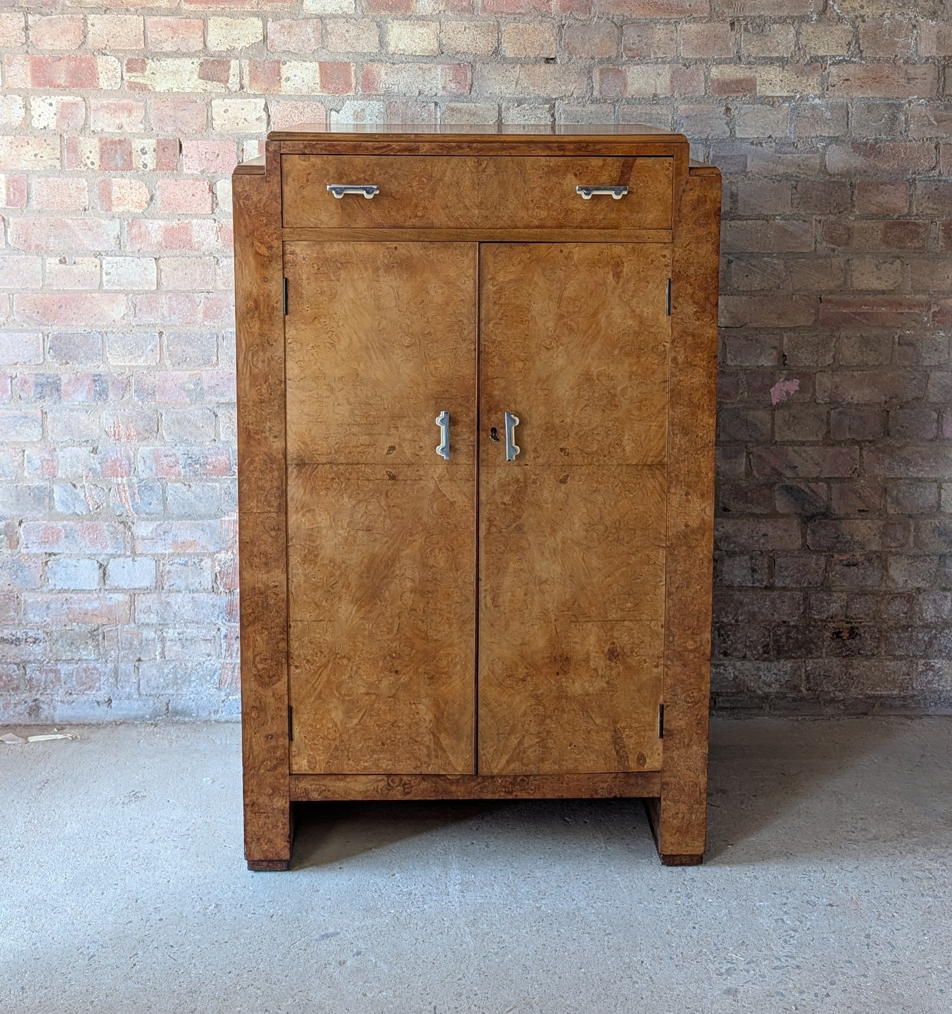 Vintage Art Deco Style Burr Maple Compactum Tallboy Linen Cabinet / Cupboard