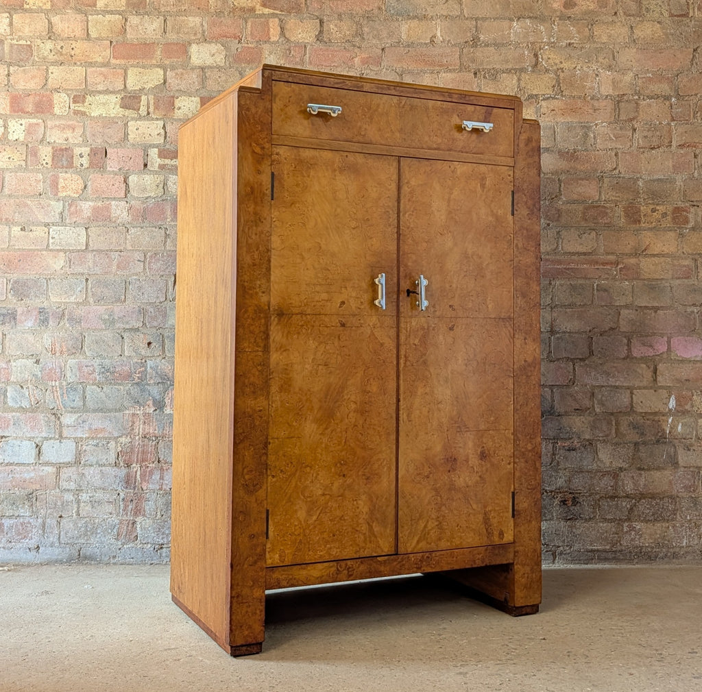 Vintage Art Deco Style Burr Maple Compactum Tallboy Linen Cabinet / Cupboard