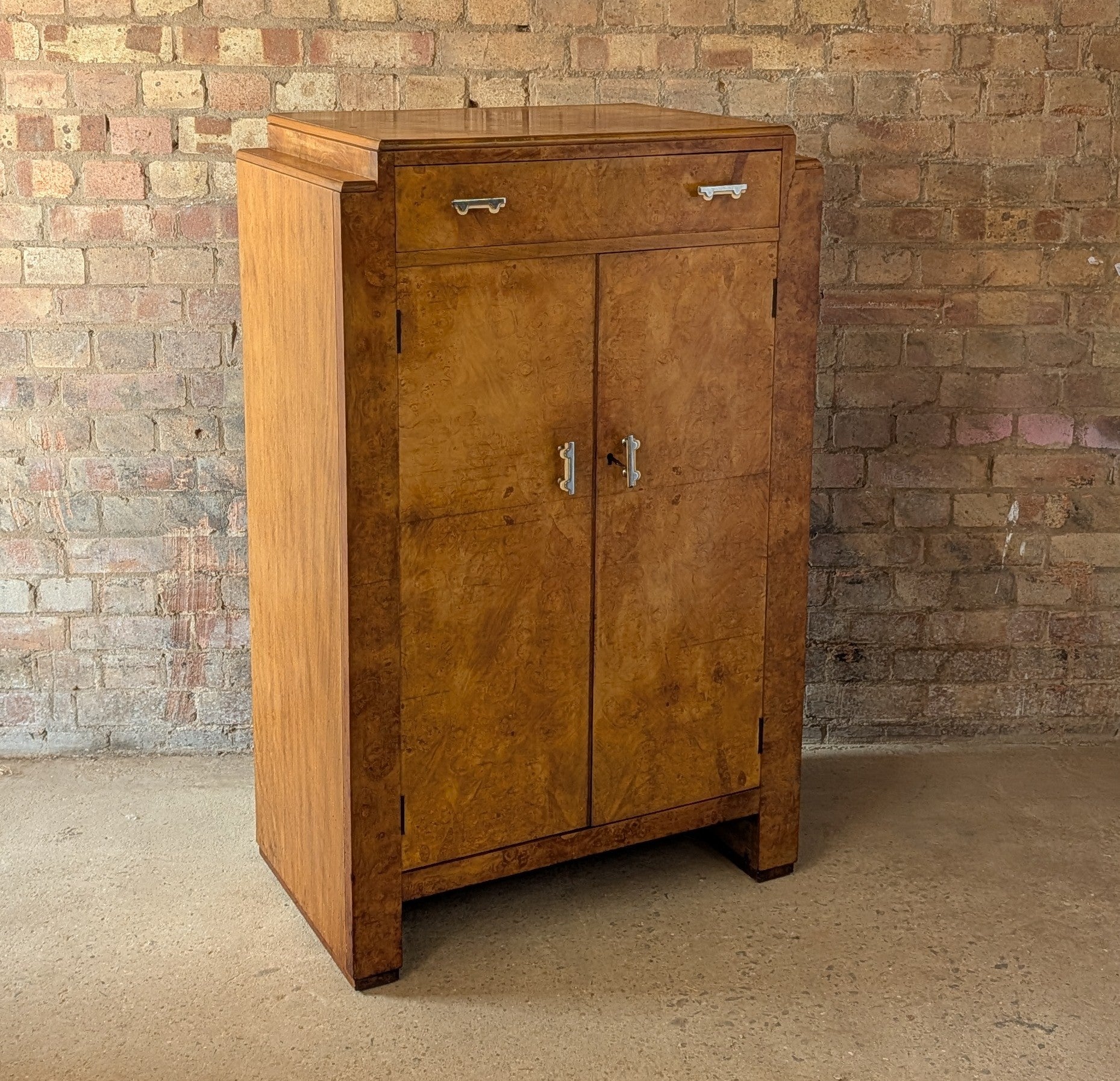 Vintage Art Deco Style Burr Maple Compactum Tallboy Linen Cabinet / Cupboard