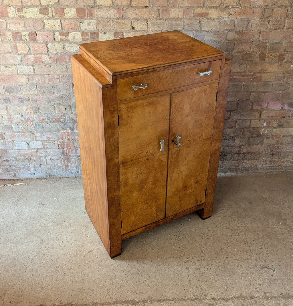 Vintage Art Deco Style Burr Maple Compactum Tallboy Linen Cabinet / Cupboard