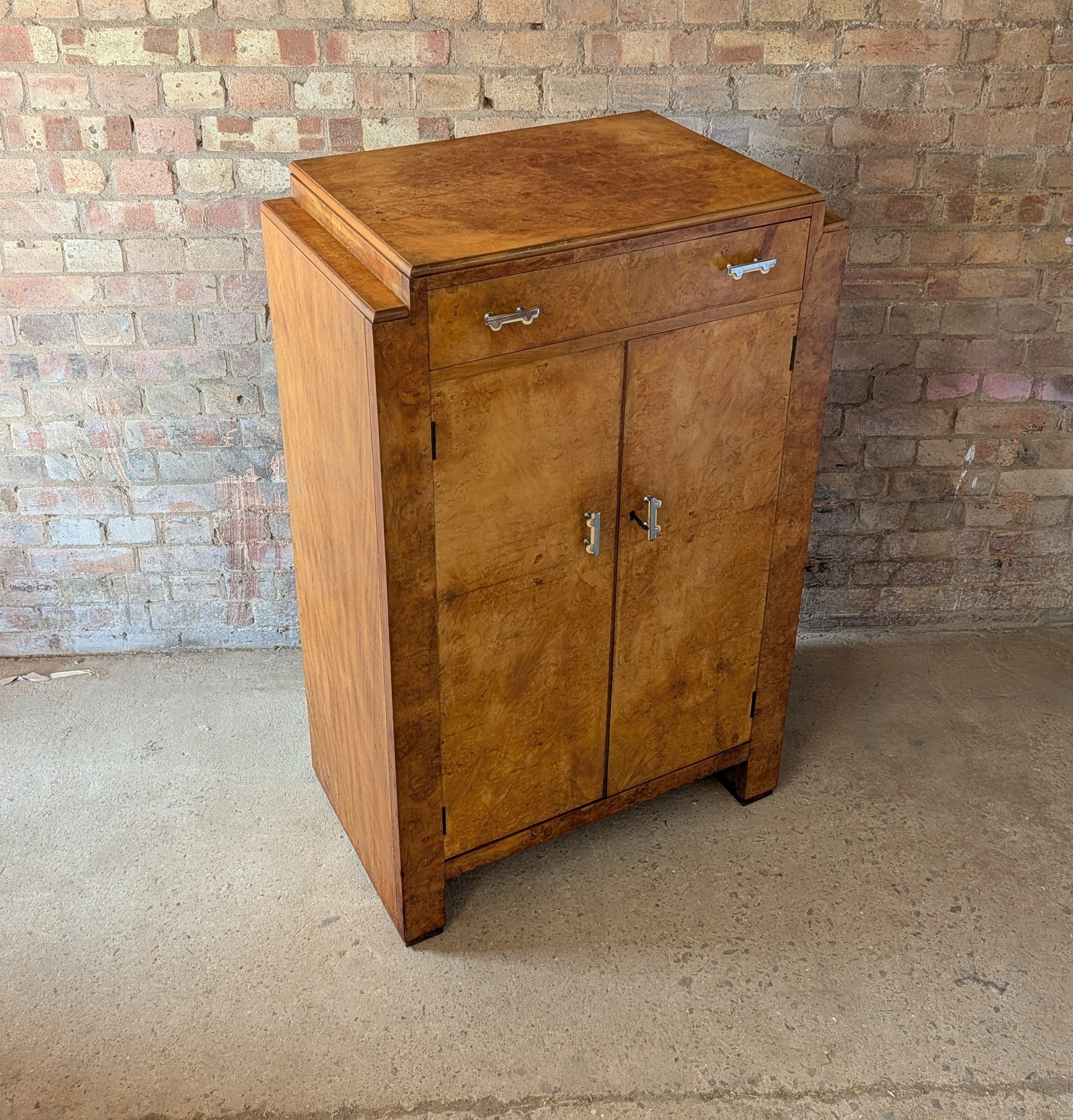 Vintage Art Deco Style Burr Maple Compactum Tallboy Linen Cabinet / Cupboard
