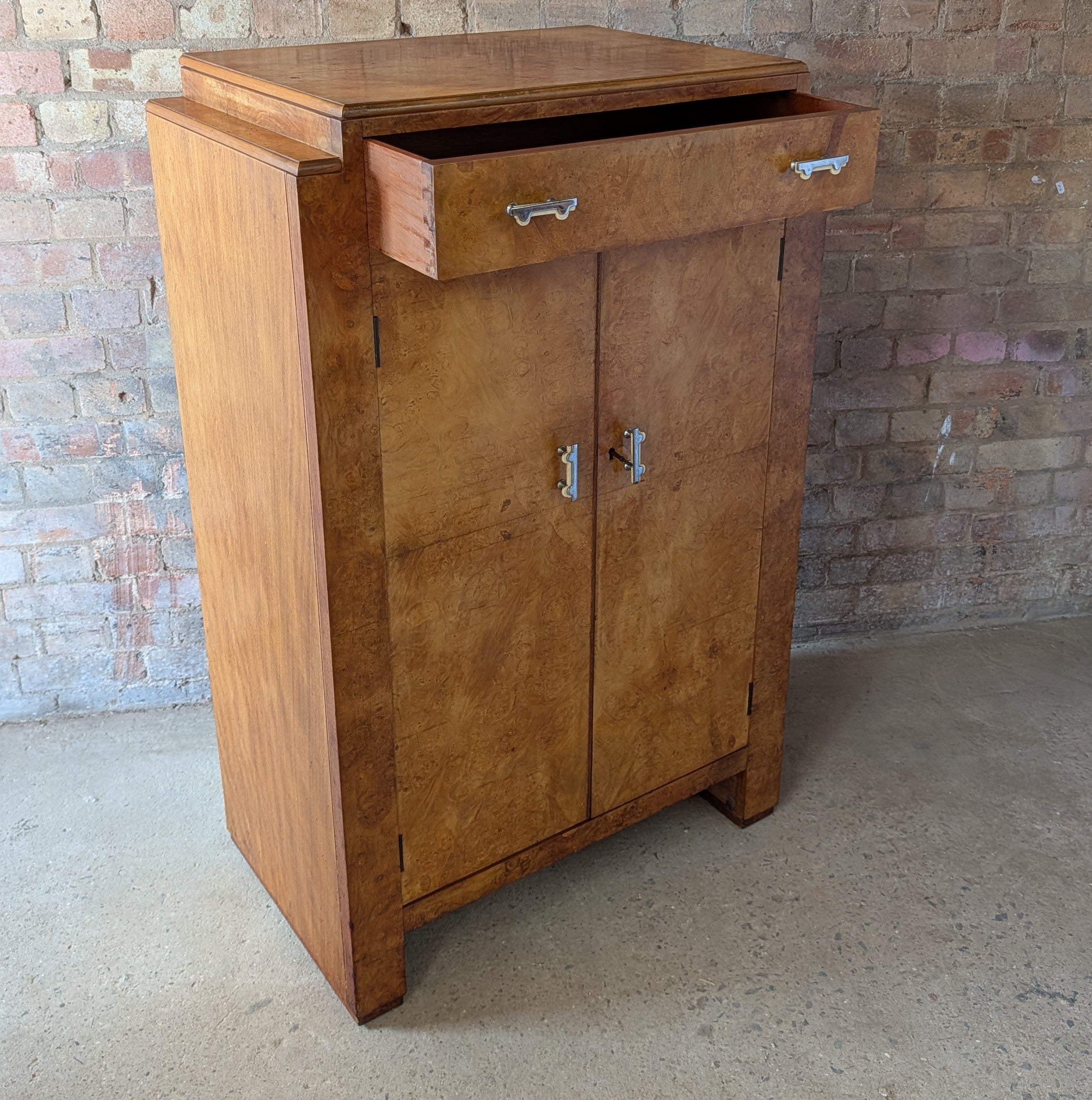 Vintage Art Deco Style Burr Maple Compactum Tallboy Linen Cabinet / Cupboard