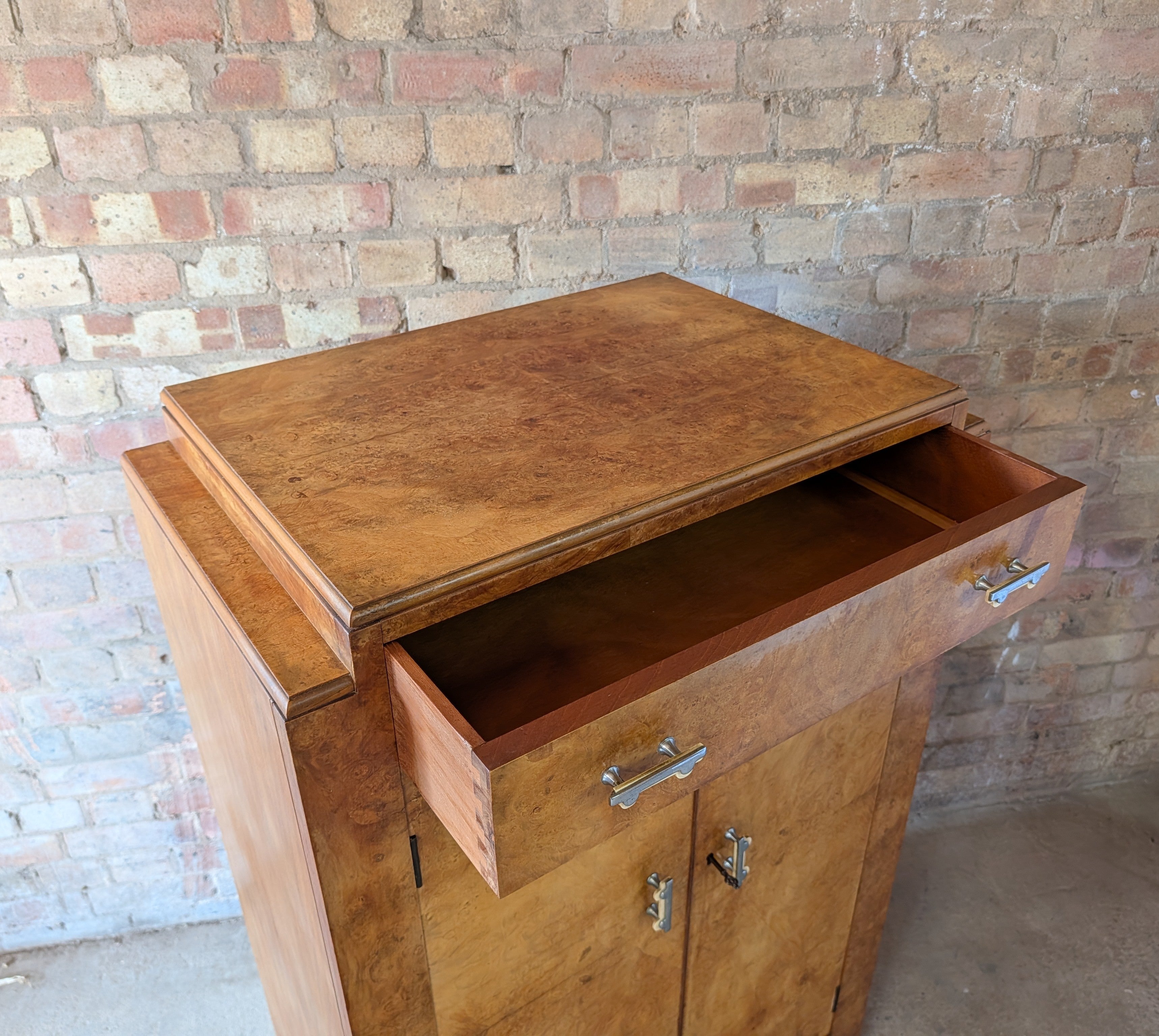 Vintage Art Deco Style Burr Maple Compactum Tallboy Linen Cabinet / Cupboard