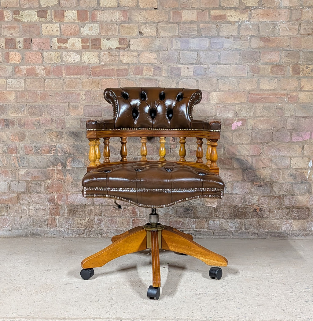 Vintage Brown Leather Chesterfield Captains Chair Swivel Office Desk Chair