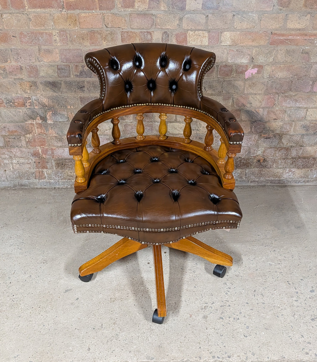 Vintage Brown Leather Chesterfield Captains Chair Swivel Office Desk Chair