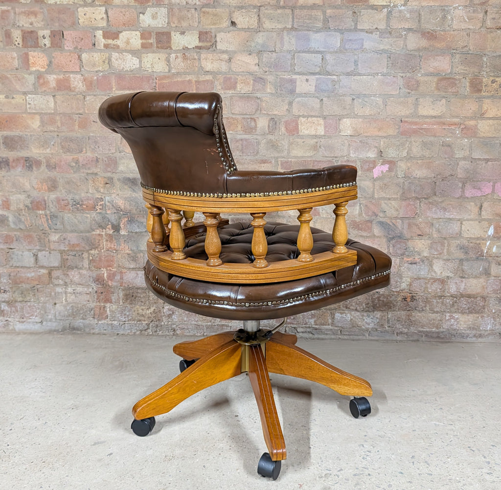 Vintage Brown Leather Chesterfield Captains Chair Swivel Office Desk Chair