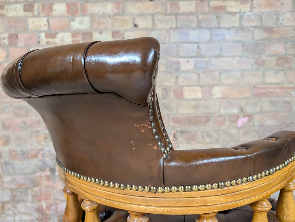 Vintage Brown Leather Chesterfield Captains Chair Swivel Office Desk Chair