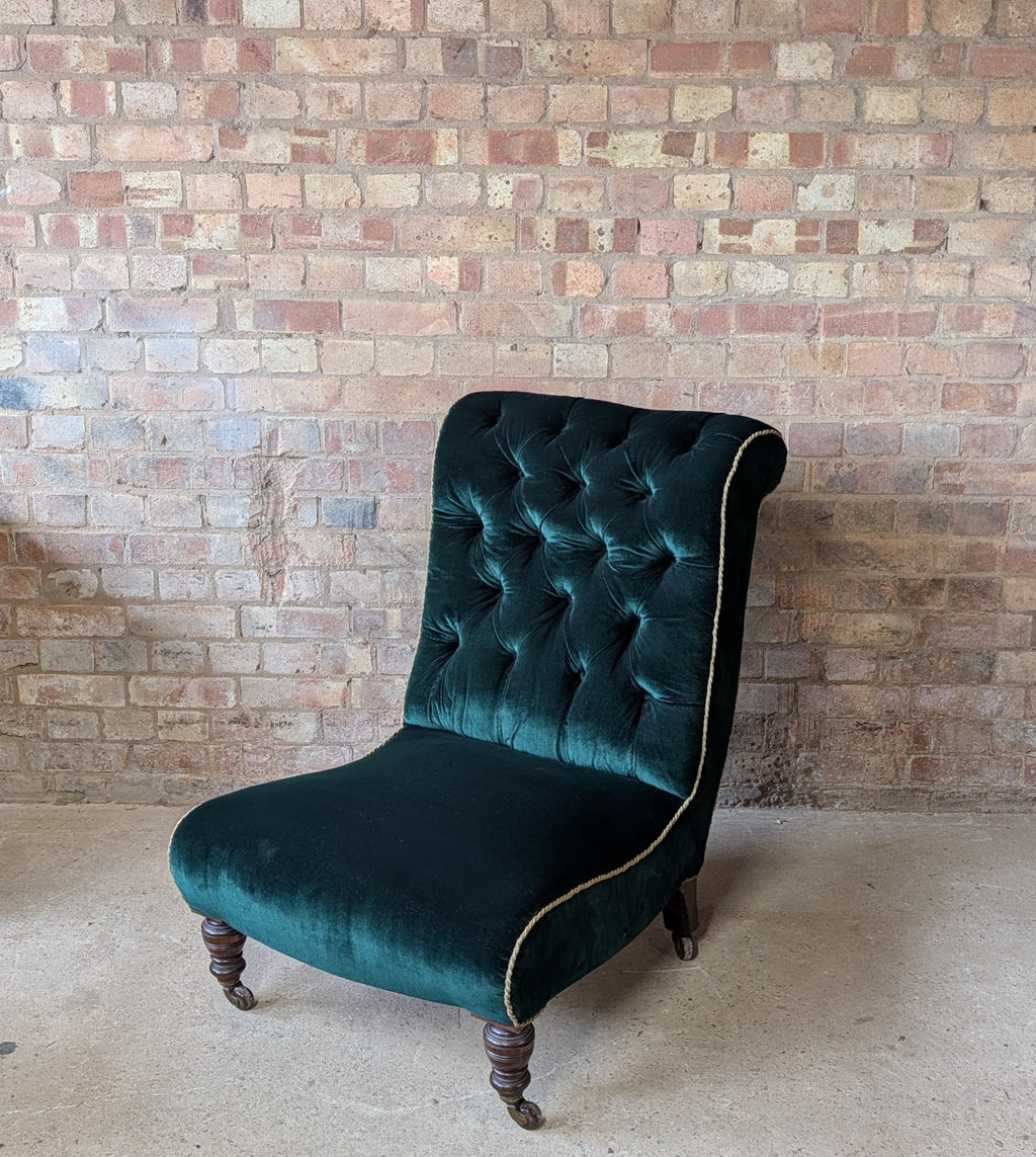 Antique Victorian Green Velvet Scroll Back Mahogany Slipper Chair